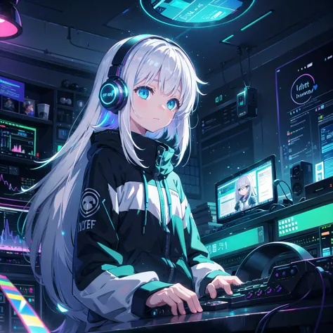 girl medium length hair, white hair, hair with rainbow ends, blue colored eyes, headphone with led, futuristic roup, lo-fi, look...