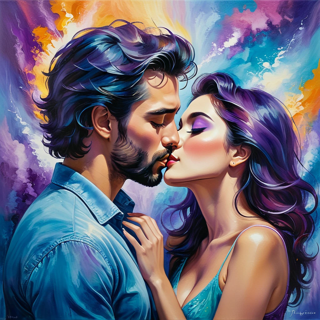 In this image, we see a couple engaged in a passionate kiss in front of a colorful background. The background features shades of blue and purple, creating a dreamy and romantic atmosphere. The couple is depicted in a painting, with the man and woman shown in a close-up as they share this intimate moment. The artwork captures the emotions of love and connection, with the colors and composition enhancing the overall mood. The image conveys a sense of romance and tenderness, evoking feelings of warmth and affection.