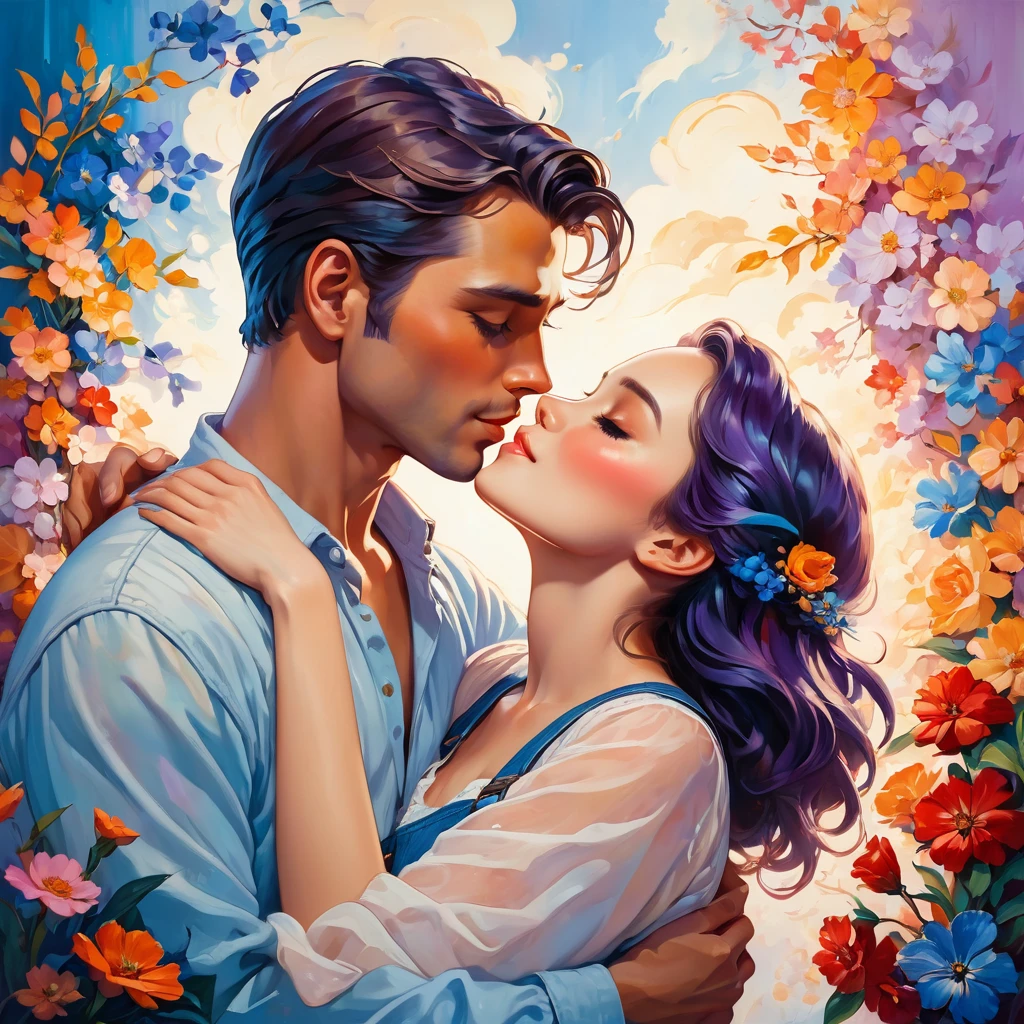 In this image, we see a couple engaged in a passionate kiss in front of a colorful background. The background features shades of blue and purple, creating a dreamy and romantic atmosphere. The couple is depicted in a painting, with the man and woman shown in a close-up as they share this intimate moment. The artwork captures the emotions of love and connection, with the colors and composition enhancing the overall mood. The image conveys a sense of romance and tenderness, evoking feelings of warmth and affection.