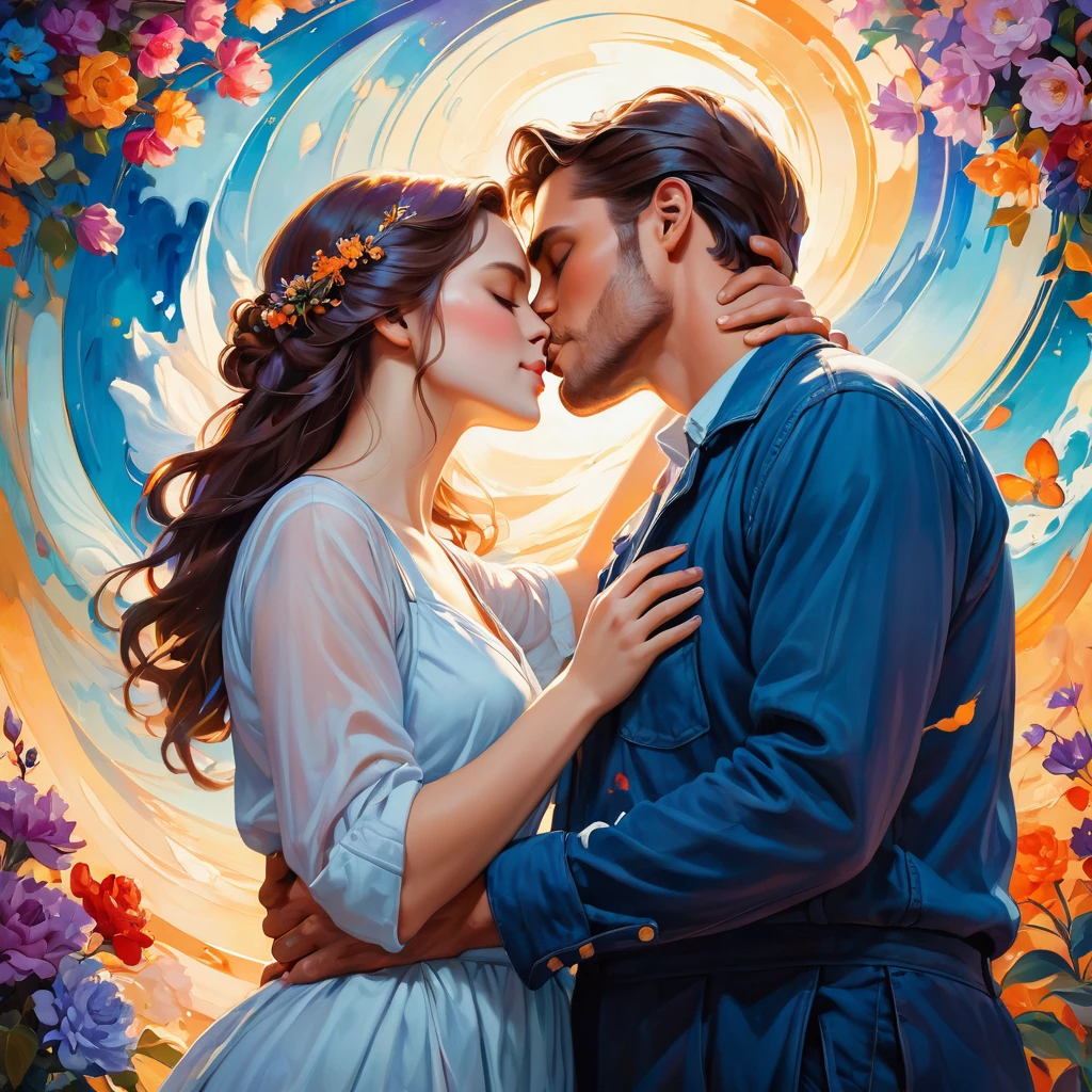 In this image, we see a couple engaged in a passionate kiss in front of a colorful background. The background features shades of blue and purple, creating a dreamy and romantic atmosphere. The couple is depicted in a painting, with the man and woman shown in a close-up as they share this intimate moment. The artwork captures the emotions of love and connection, with the colors and composition enhancing the overall mood. The image conveys a sense of romance and tenderness, evoking feelings of warmth and affection.