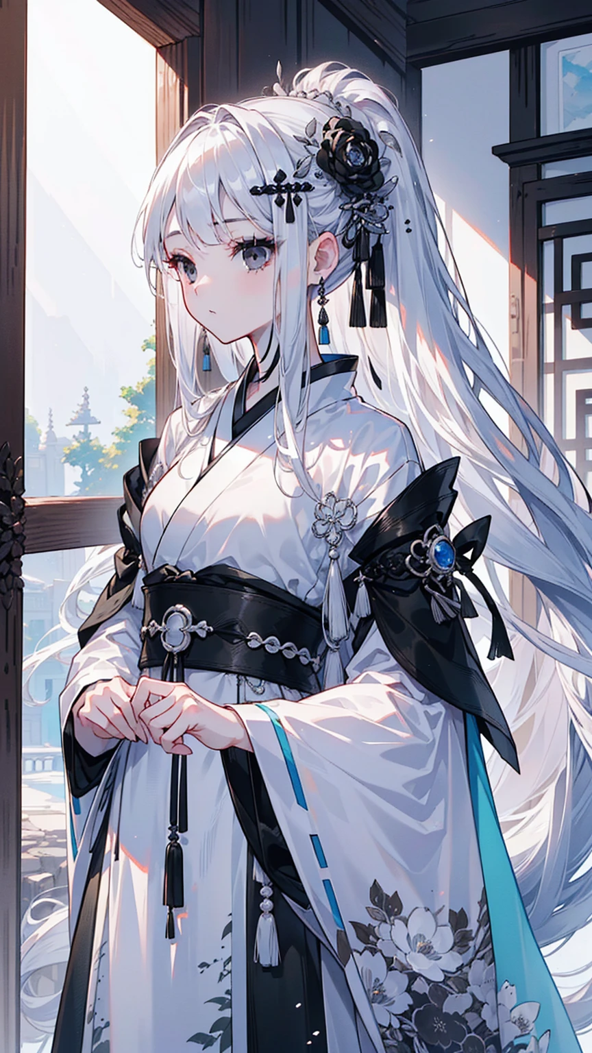 (Top image quality)、(Ultra Detailed)、(Facing forward)、top quality、masterpiece、(((1 girl)))、Silver Hair、white hair、((Long hair))、(black eyes:1.6)、(Hanfu)