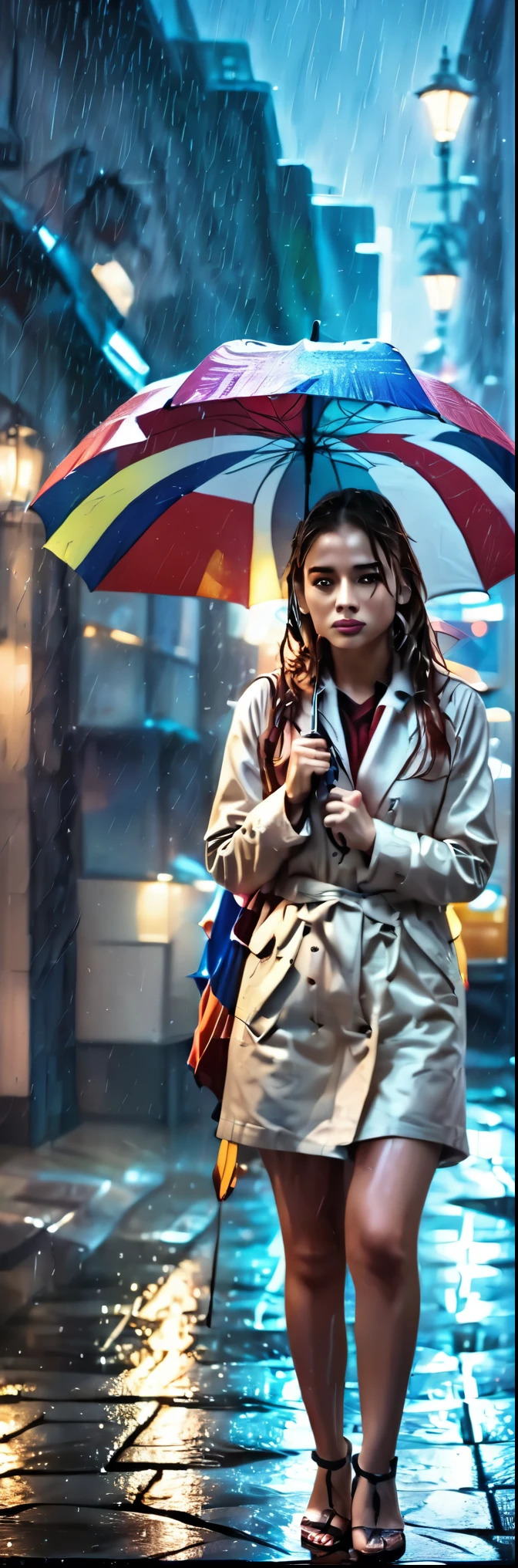 18 yo big busted woman holding (broken_umbrella),wet and miserable,masterpiece,(best quality,4k,8k,highres,ultra-detailed,realistic,photorealistic),(cinematic lighting,dramatic lighting),cinematic,moody atmosphere,emotional expression,rain,dramatic,beautiful detailed eyes,beautiful detailed lips,extremely detailed face