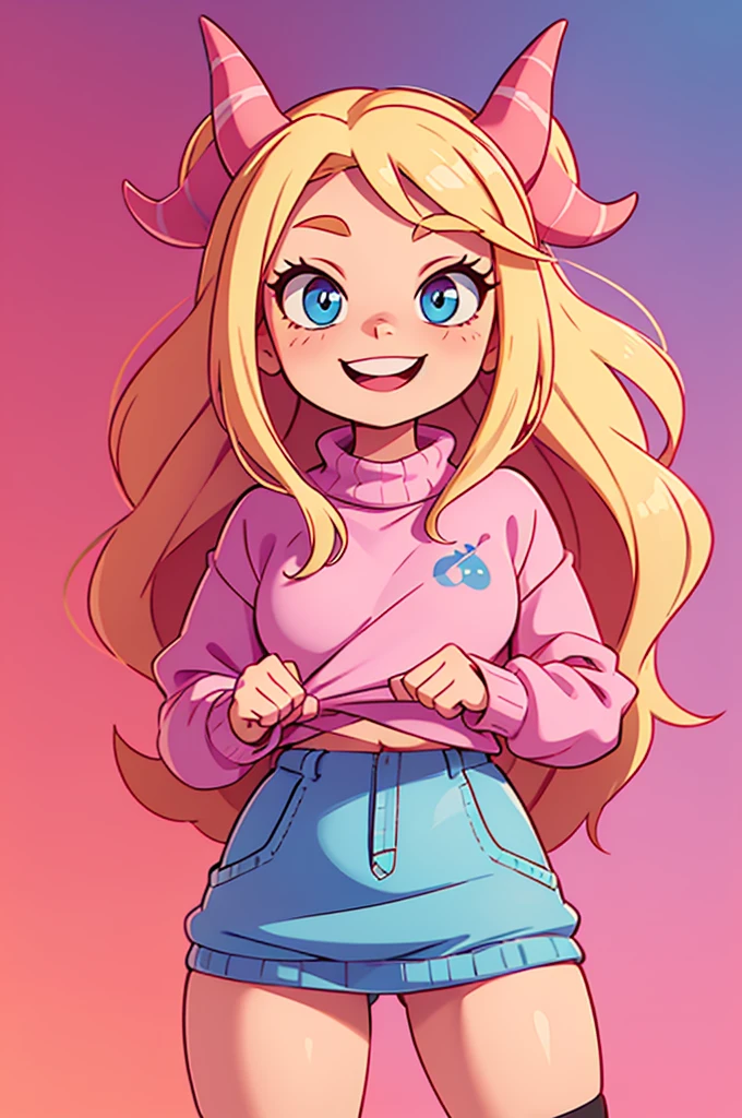 cartoon woman cute twitch emote, long blonde hair, pink highlights, blue eyes, pink oversized sweater over the shoulders, red horns with a mischievous smile