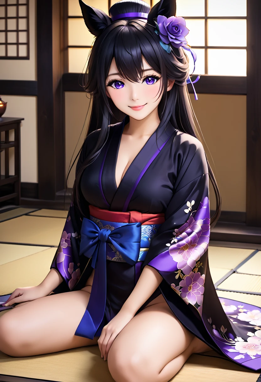 ​masterpiece, Best Quality，top-quality，{{{RiceShower/Umamusume}}}，{{very long hair of black color,}}，{{{Purple hat}}}，{{Blue roses}}，{{{horse ear}}}，Purple eyes，Look at viewers，red blush，smil，a closed mouth，lipsticks，{{{Very small breasts}}}，{{{Kimono with open chest}}}，Black kimono，no-bra，{{{Purple luxury kimono}}}，{{{Pictures of the Dark}}}，{{{lantern}}}，Great backlight，open the legs widely，{{{Hide your hands behind your body}}}，{{{Bold M-shaped legs}}}，{{{laying on back}}}，{{{Tatami Japanese-style room}}}}，Crotch focus