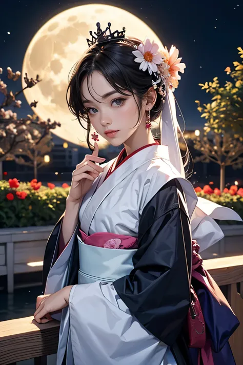Highest quality, expensive_solve, clear_image, Detailed Background ,girl, hanbok,flower,garden,moon, night,Dutch Angle, Wide Sho...