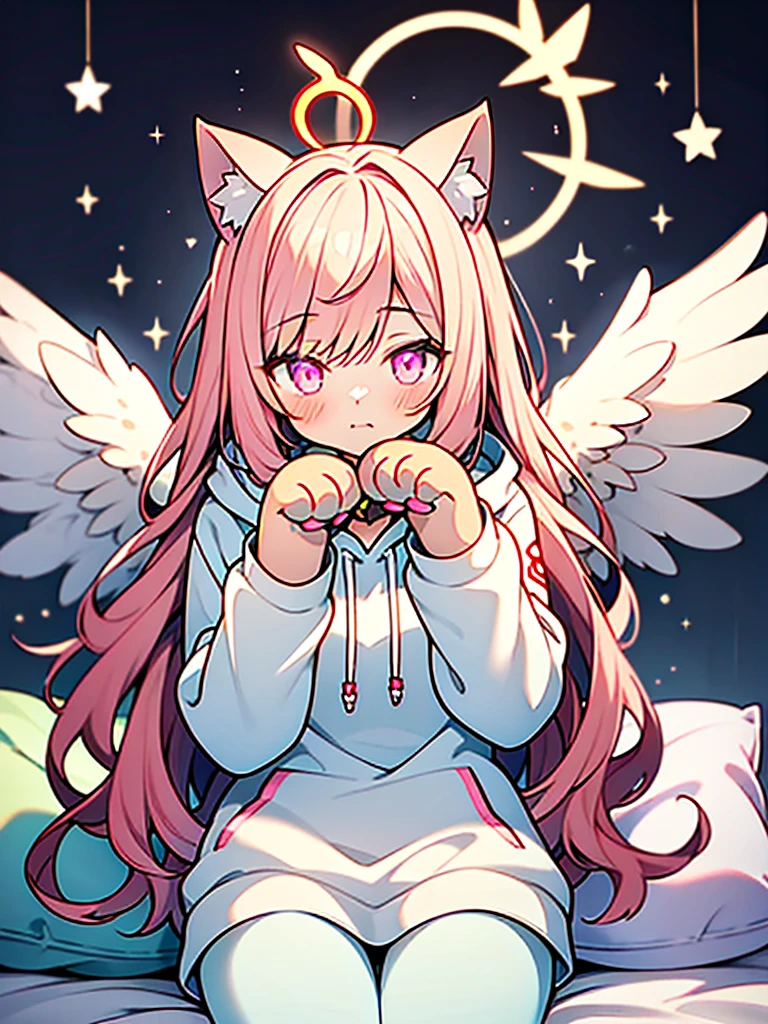 estilo anime,Anjo Shota,(((halo brilhante em forma de pata))),orelhas de gato,cabelo longo rosa,moletom branco,asas de anjo,boa noite!,no travesseiro,Iluminação fraca, contornos nebulosos,Te amo,