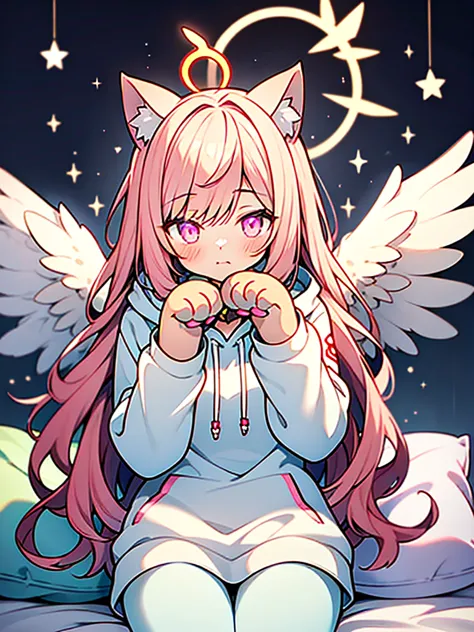 anime style,Angel shota,(((glowing Paw-shaped halo))),cat ears,pink long hair,white hoodie,angel wings,good night!,down on pillo...