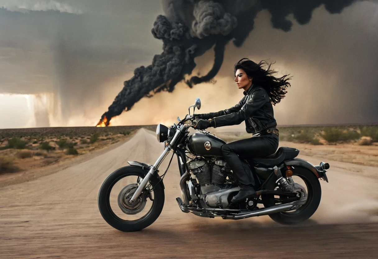 Long view shot photo of a woman with a vintage 70s aesthetic, shiny metallic skull helmet, black wavy hair, black leather outfit with intricate detail, a big tornado at the background, warm tones, faded colors, cinematic, nostalgic feel, candid pose, riding a black motorbike with intricate detail trough striking thunders, on a desert road, motion blur effect, action shot, Fine art photography style
