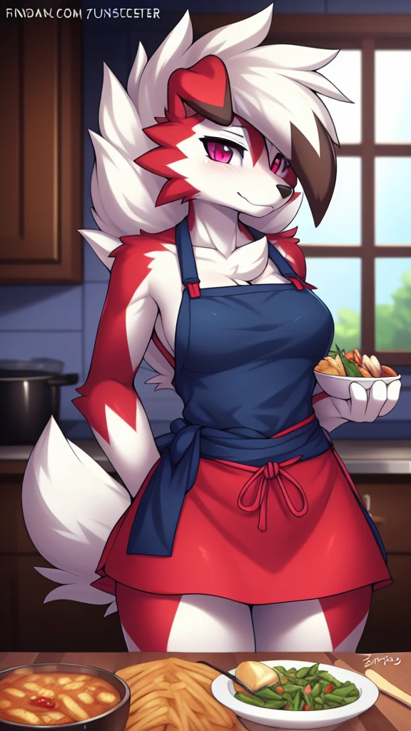 By zinfyu,by twistedscarlet60, uploaded on pixiv, by fluff-kevlar, (masterpiece), (best quality), (solo female:1.2), (extremely detailed:1.3),(detailed eye,black circle on eye,pink eye), lycanroc midnight, view on viewer, close view, shy face, half body on potrait, only body and head, close view, wearing cooking apron,in kitchen, serving many food, (tail:1.1), closeup photo of lycanroc, adult body posture