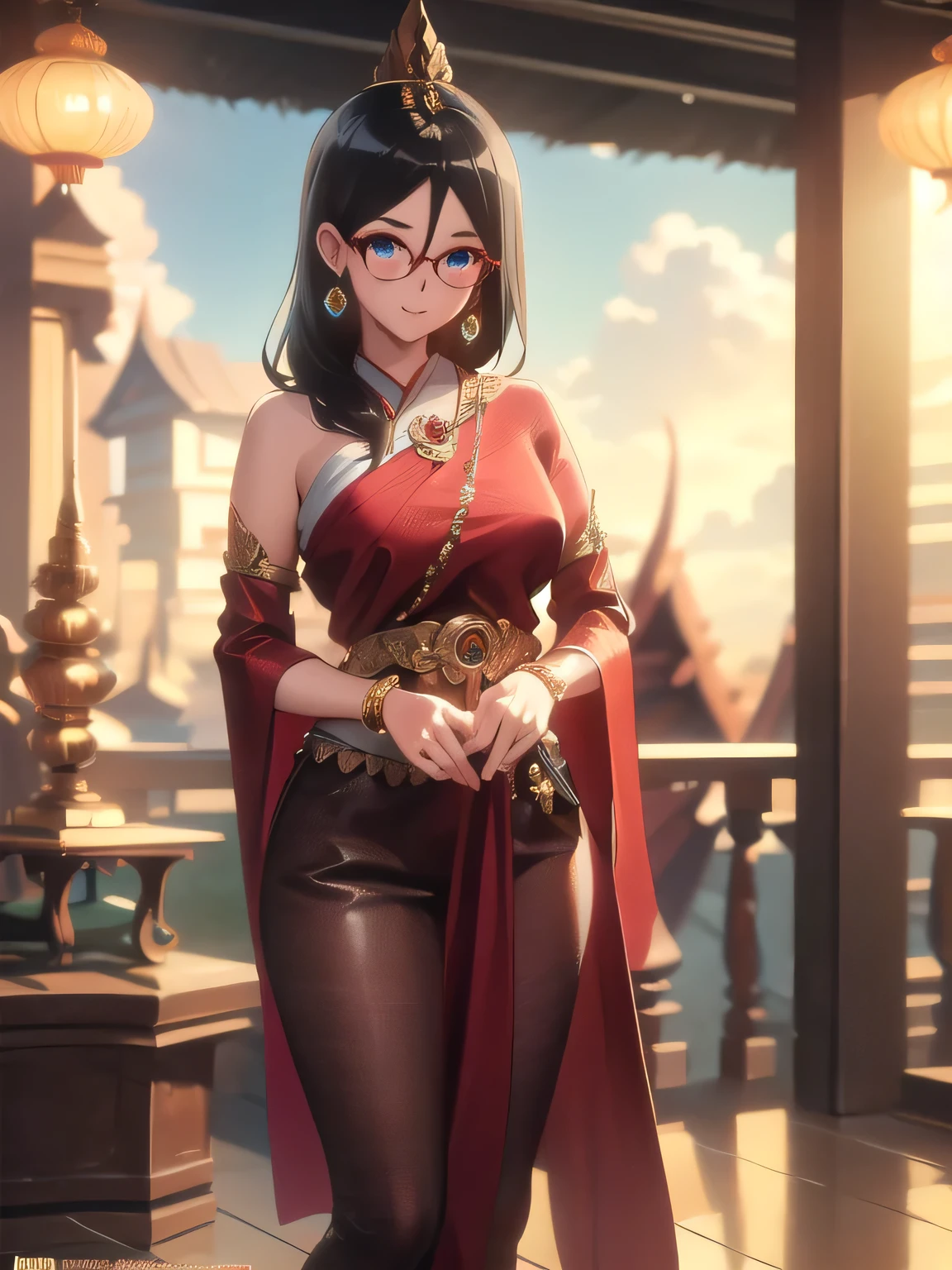 คุณภาพดีatสุด, Masterpiece, high res, alone, {Thanaka_Asuka_euphonium sound:1.15} (park:1.13), , black_hair, long_hair, glasses, light blue_eyes, Blush, red frame_glasses, Seraph, beyond the edge_glasses, semi borderless_glasses, hair_between_eyes, 1 girl,  look_at_viewer, smile,  ((Thai princess:1.3)),(Gorgeous thai costumes with รายละเอียดatซับซ้อน,ชุดatงดงาม,เครื่องประดับทองคำatงดงาม, รายละเอียดatซับซ้อน,luxury jewelry accessories,ขอบatงดงาม, รายละเอียดatซับซ้อน,Various gems:1.2),((Thai Buddhist Temple))