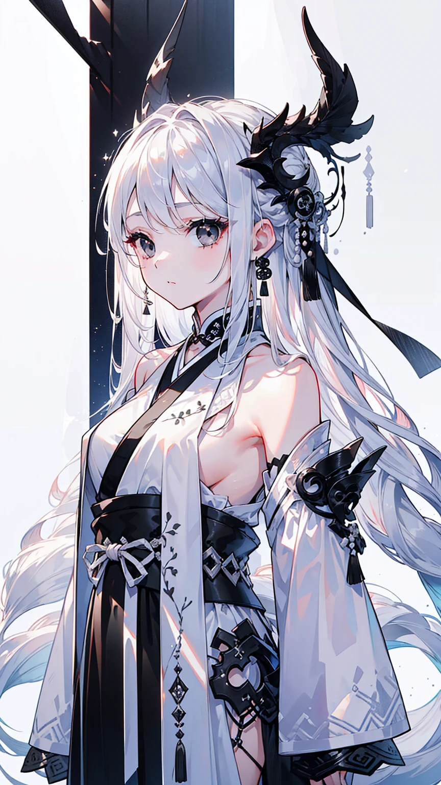 (Top image quality)、(Ultra Detailed)、(Facing forward)、top quality、masterpiece、(((1 girl)))、Silver Hair、white hair、((Long hair))、(black eyes:1.6)、(Hanfu)