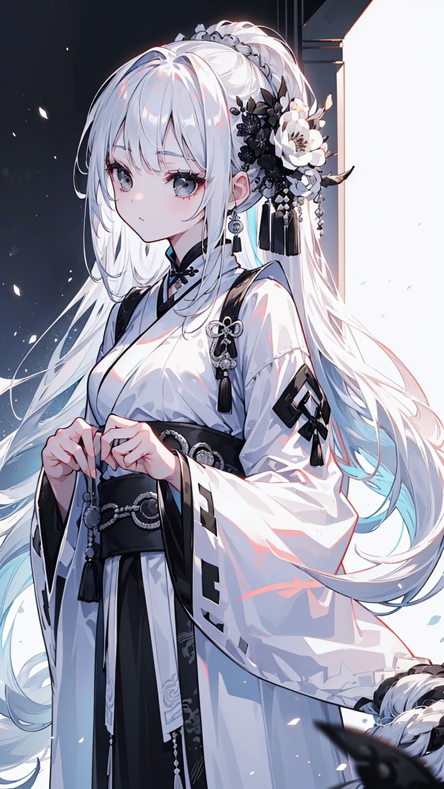 (Top image quality)、(Ultra Detailed)、(Facing forward)、top quality、masterpiece、(((1 girl)))、Silver Hair、white hair、((Long hair))、(black eyes:1.6)、(Hanfu)