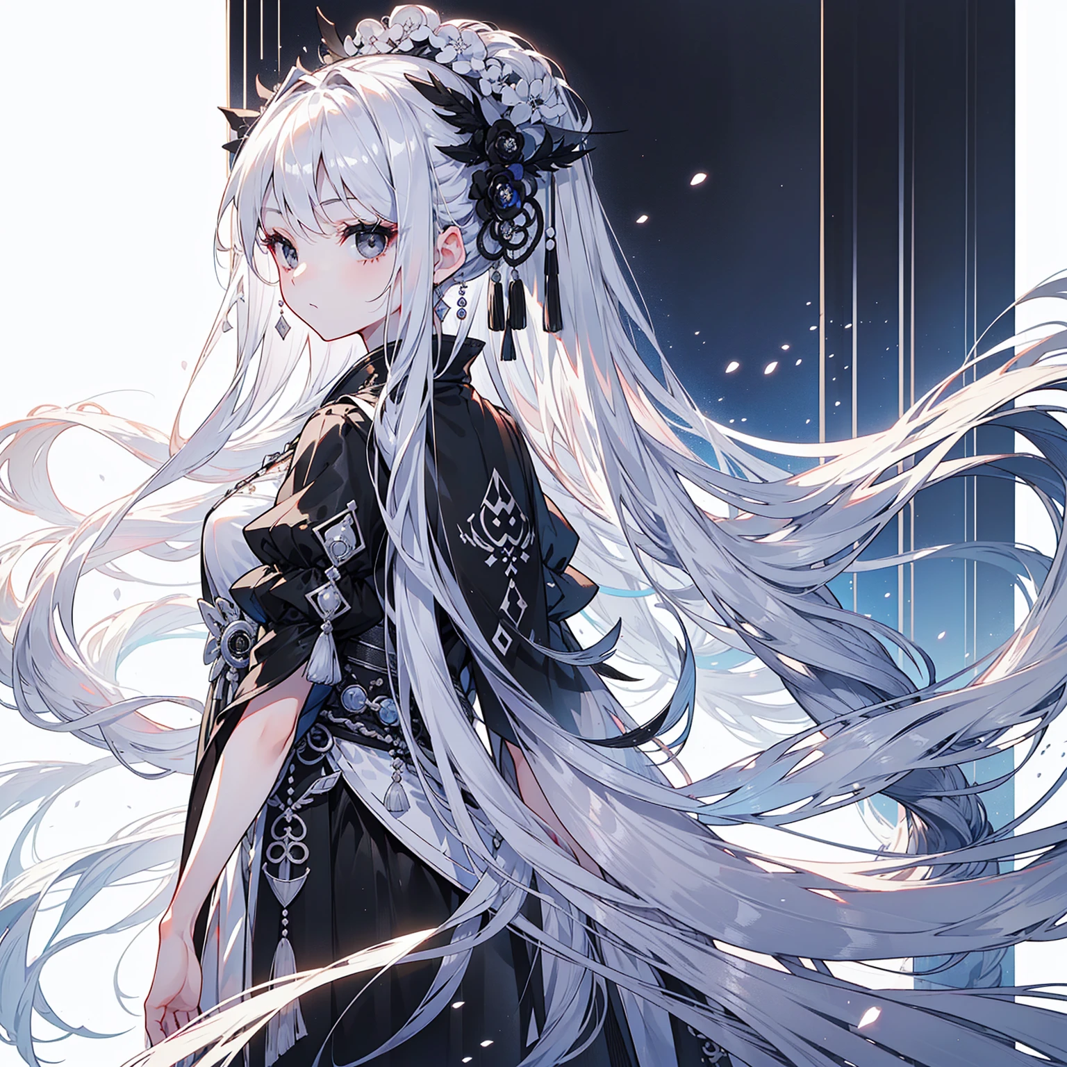 (Top image quality)、(Ultra Detailed)、(Facing forward)、top quality、masterpiece、(((1 girl)))、Silver Hair、white hair、((Long hair))、(black eyes:1.6)、(Hanfu)