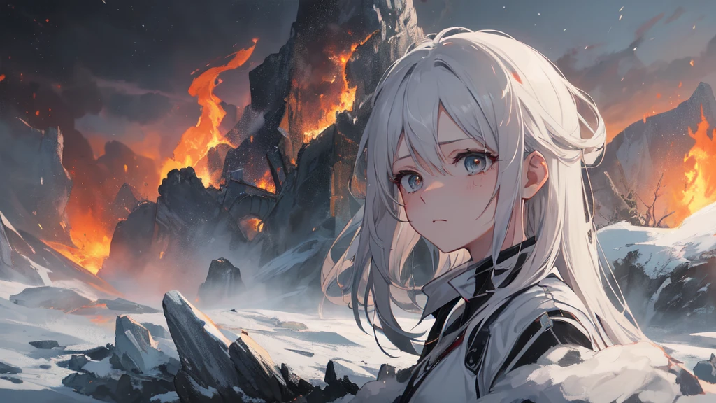 masterpiece:1.2), best quality , 独奏 ,pixiv, anime girl ，long straight white hair , black eyes ,Wearing off-white camouflage uniform ,ten years old，modern battlefield，(Eyes looking into the distance:1.3)，(look away:1.5)，snowy weather，dirty face，The background is a sea of fire with blood on the forehead，dirty face，Backlight，Bare rocky peaks ,Fierce flames are burning，The expression is sad，bullets flying，leave tears，When the war situation seems to be developing for the better,，A girl wakes up from her deep sleep，She doesn&#39;t understand her own life、Not sure about the power in the body，As pure as white paper。At the same time, another soul is sleeping inside the girl&#39;s body.，it was an accident，It is also one of the waves that changes the world。