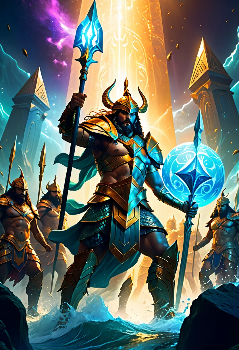 a medium quality detailed illustration of Atlantean warriors, Hedra, emerging as a luminary, fantasy, mythical creatures, epic battle scene, glowing elements, majestic, powerful, warrior culture, mystical, dramatic lighting, cosmic energy, digital painting, cinematic, high detail, dynamic composition, vibrant colors, action-packed, 4k resolution