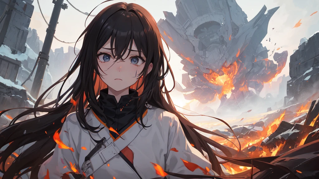 masterpiece:1.2), best quality , 独奏 ,pixiv, anime girl ，long straight white hair , black eyes ,Wearing off-white camouflage uniform ,ten years old，modern battlefield，(Eyes looking into the distance:1.3)，(look away:1.5)，snowy weather，dirty face，The background is a sea of fire with blood on the forehead，dirty face，Backlight，Bare rocky peaks ,Fierce flames are burning，The expression is sad，bullets flying，leave tears，When the war situation seems to be developing for the better,，A girl wakes up from her deep sleep，She doesn&#39;t understand her own life、Not sure about the power in the body，As pure as white paper。At the same time, another soul is sleeping inside the girl&#39;s body.，it was an accident，It is also one of the waves that changes the world。