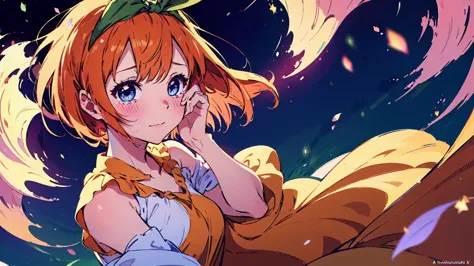 yotsuba nakano, short orange hair, green ribbon,, 4k, extremely fine illustration, cowboy shot, tears,, sfw, crying, dynamic pos...