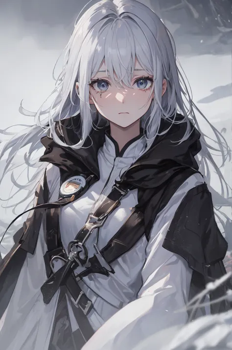 masterpiece:1.2), best quality , 独奏 ,pixiv, anime girl ，long straight white hair , black eyes ,wearing off-white camouflage unif...