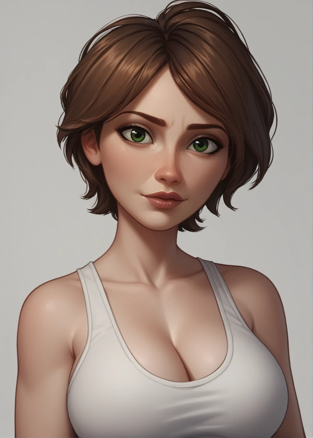 ,portrait, upper body, Cass, brown hair, alone, short hair, looking at viewer, big breasts, green eyes, Lips, score_9, score_8_up, score_7_up, score_6_up,