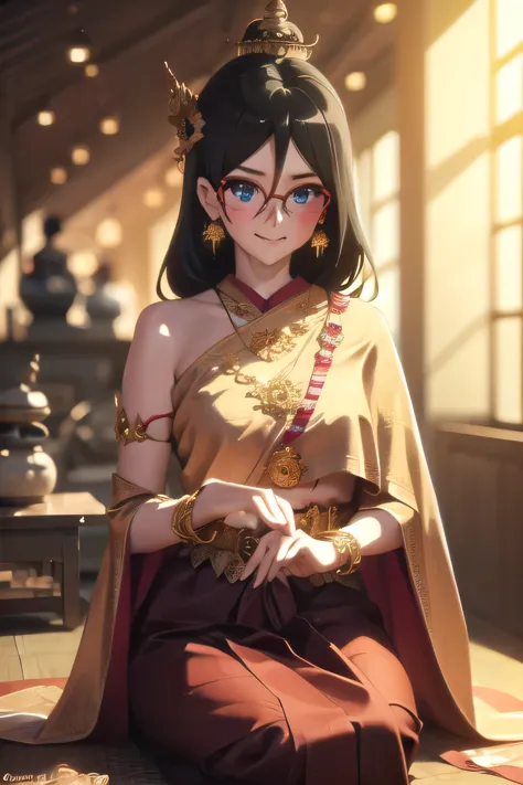 คุณภาพดีatสุด, masterpiece, high res, alone, {thanaka_asuka_euphonium sound:1.15}   black_hair, long_hair, glasses, light blue_e...