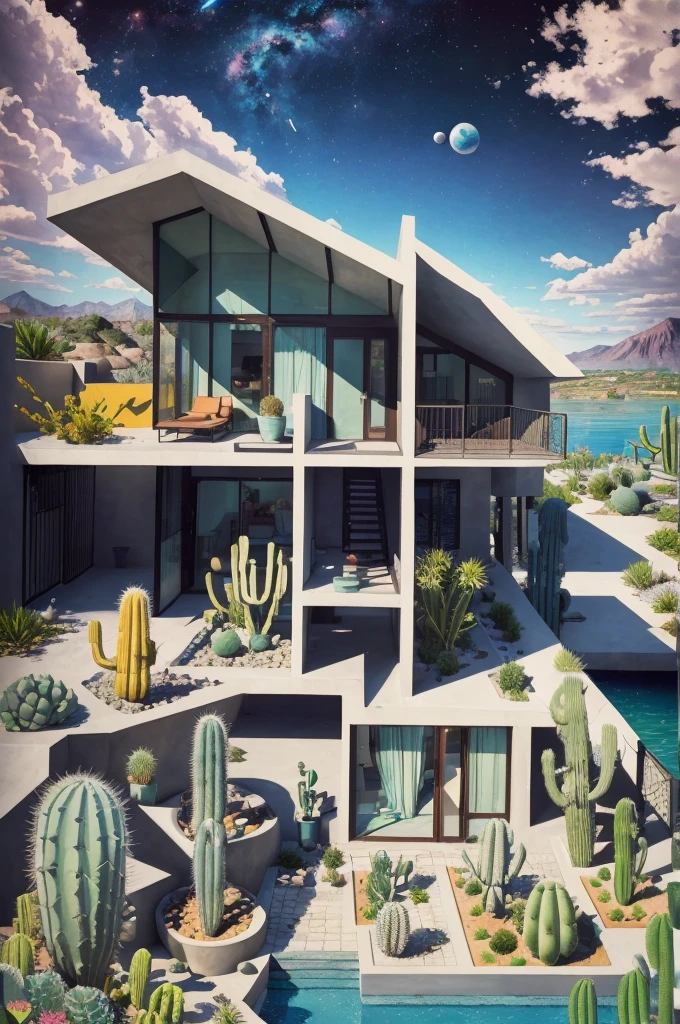 An illustration, collage style, David Hockney visual style, (((Luis Barragán's architectural style houses in middle of a lake))), big boulders, little cascade, mountains, volcanos, volcanic landscape, pool, stairs, beautiful gardens, abundant vegetation, cacti, agave, big clouds, sunset. Magazine cover, serif tipography, editorial design, masterpiece, An illustration in collage style, con rocas gigantes, Brutalist construction sections, escaleras, cactus, agave, textura de concreto, Multiple geometric shapes, hatch and cross hatching, planeta Saturno. ((masterpiece, best quality)),illustration,ultra detailed 8k. (((An illustration of a build designed by Luis Barragán))), with a desertic vegetation garden, (big rocks), ((cacti)), lake, volcano in horizon, smooth clouds, (((illustration collage format))), ((Escher's art style)), (((multiple sections))), (violet, blue, olive green, grey, black and white), hard shadows, (((geometric sculptures))), concrete sculptures, high contrast, dramatic, cinematographic, ((milky way galaxy)), intricate, intricate details, sharp focus,landscape