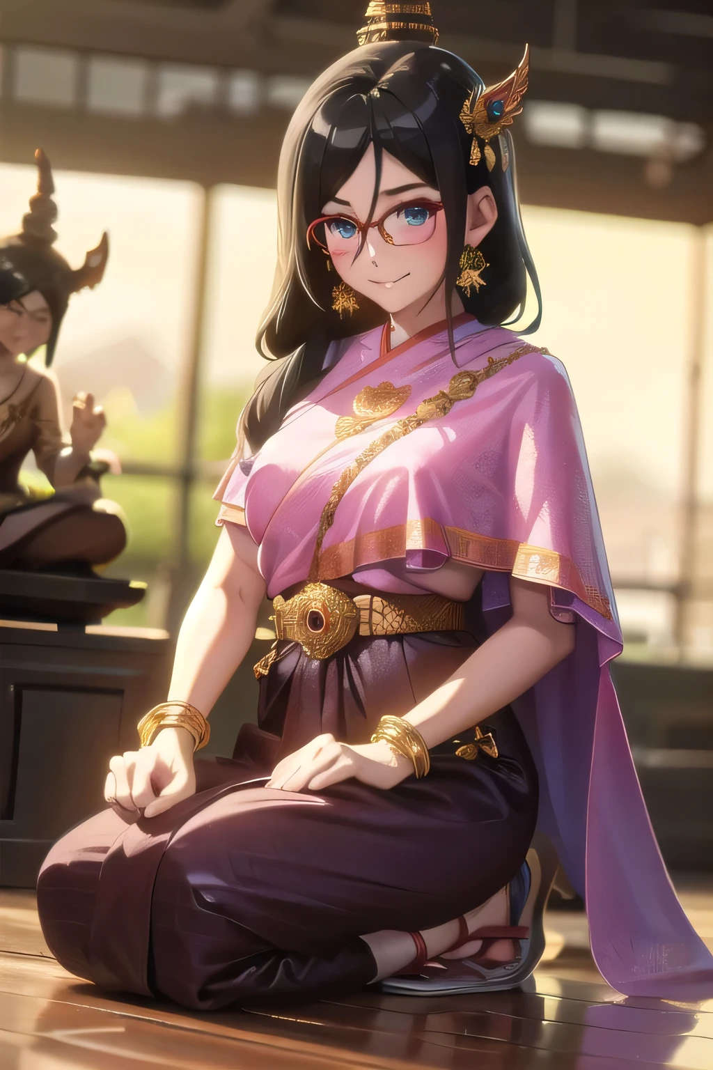 คุณภาพดีatสุด, Masterpiece, high res, alone, {Thanaka_Asuka_euphonium sound:1.15}   black_hair, long_hair, glasses, light blue_eyes, Blush, red frame_glasses, Seraph, beyond the edge_glasses, semi borderless_glasses, hair_between_eyes, 1 girl,  look_at_viewer, smile,  ((Thai princess:1.3)),(Gorgeous thai costumes with รายละเอียดatซับซ้อน,ชุดatงดงาม,เครื่องประดับทองคำatงดงาม, รายละเอียดatซับซ้อน,luxury jewelry accessories,ขอบatงดงาม, รายละเอียดatซับซ้อน,Various gems:1.2),((Thai Buddhist Temple))