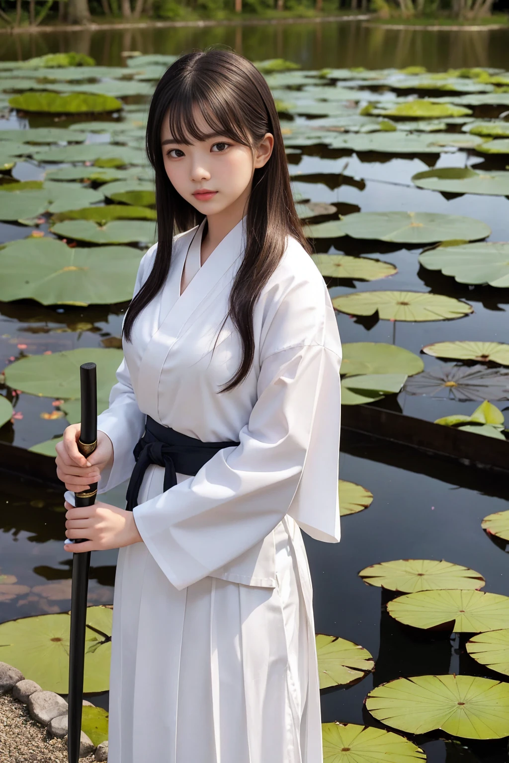 uma jovem mulher, Segurando uma espada japonesa, vestindo uma camisa branca e hakama japonês, a sombra da lua, o vento, a luz da noite, um grande lago com flores de lótus, ela está parada em uma ponte sobre o lago. muito fantástico, ela é o foco, o ambiente está um pouco desfocado, obra de arte, Alta resolução.