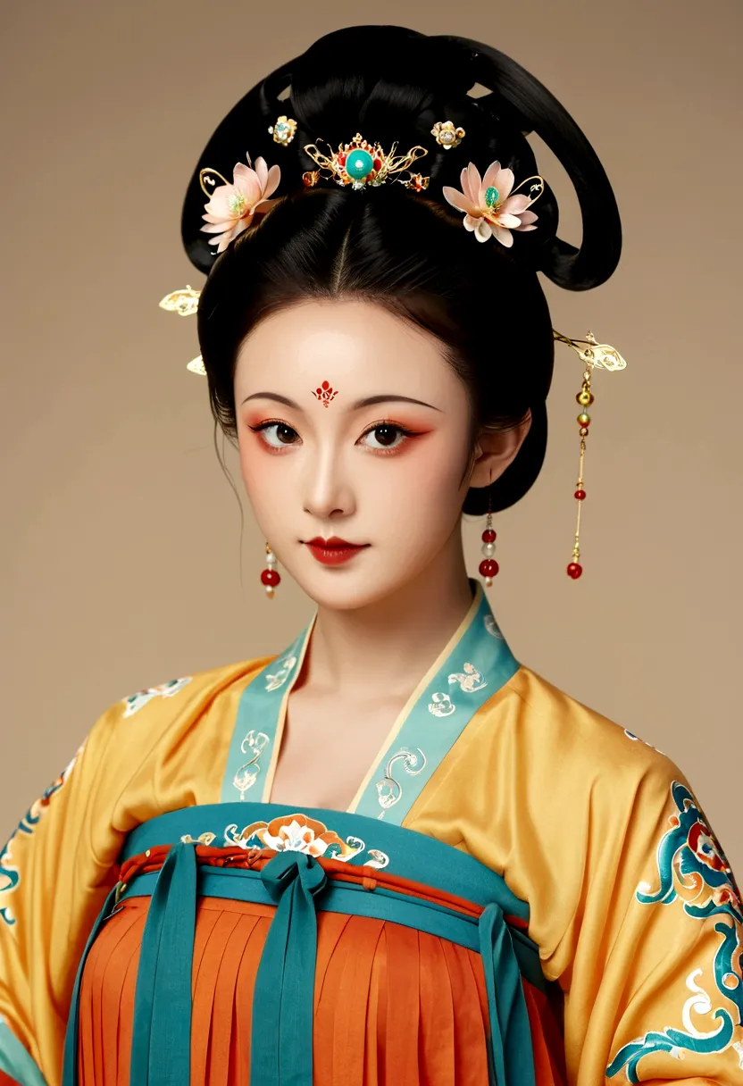 beautiful girl portrait，fairy，symmetry，round face，bright eyes，smooth skin，chinese tang dynasty flag costume,egotistical,high bun...