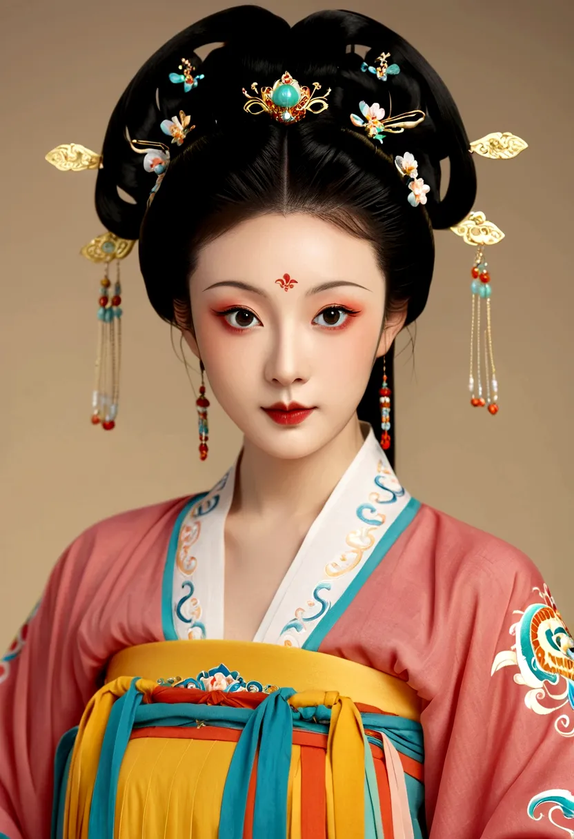 beautiful girl portrait，fairy，symmetry，round face，bright eyes，smooth skin，chinese tang dynasty flag costume,egotistical,high bun...