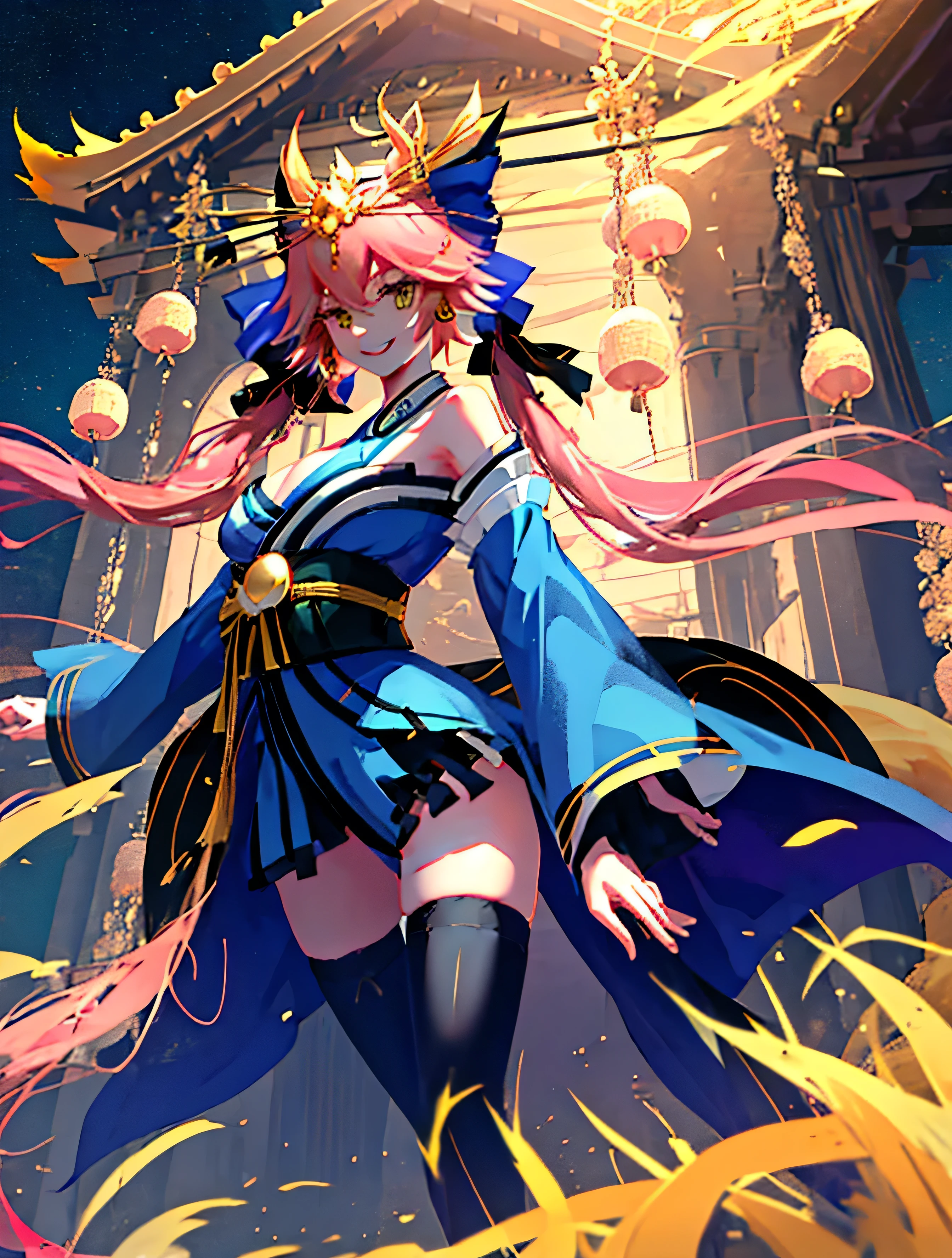 absurdres, uhd, best quality, CG, HDR, 1girl, ((upper body)), tamamo_no_mae_fgo, long pink hair, (low twintails), (blue short kimono), sleeveless kimono, blue kimono sleeves, ((large breasts)), ((black stockings, zettai ryouiki)), ((3 fox tails)), light brown tails, gentle expression, smiling, shrine, tori, sidewalk, night time,