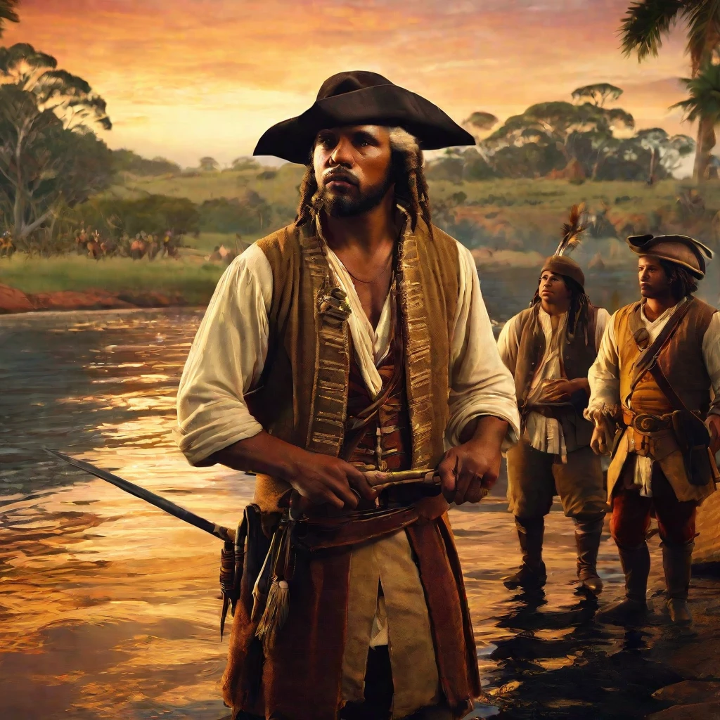 Australia in 1788 during the first colonization meeting, with indigenous Australians interacting with British settlers. Capture the scene with maximum quality and realistic style, highlighting coastlines and bays in a highly detailed landscape. Lighting should be soft and natural, reflecting the dawn sun on the water. Use 4K resolution to ensure sharpness, with a beautiful bokeh effect that subtly blurs the background to focus attention on the characters and details in the foreground. Add detailed textures to vegetation and water, as well as authentic facial expressions and clothing for both groups, creating an immersive and authentic atmosphere of this historical moment.