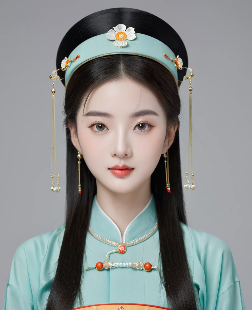 Chinese classical girl portrait，symmetry，Round Face，Bright Eyes，Smooth skin，Chinese Song Dynasty official uniform,egotistical,Official hat，Holding a round fan，Clean background