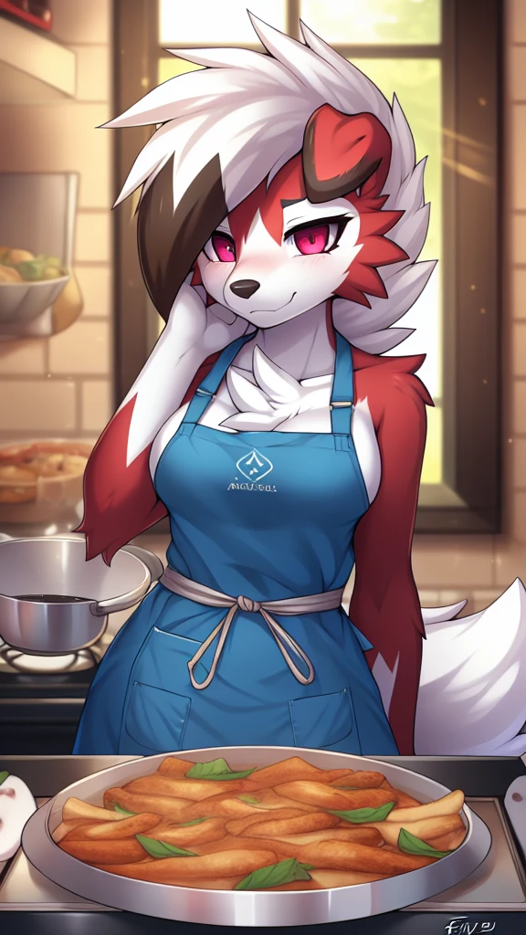 By zinfyu,by twistedscarlet60, uploaded on pixiv, by fluff-kevlar, (masterpiece), (best quality), (solo female:1.2), (extremely detailed:1.3),(detailed eye,black circle on eye,pink eye), lycanroc midnight, view on viewer, close view, shy face, half body on potrait, only body and head, close view, wearing cooking apron,in kitchen, serving food, (tail:1.1), closeup photo of lycanroc, adult body posture