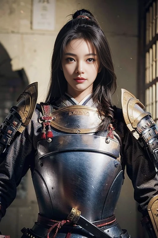 (8K, highest quality, masterpiece:1.2), (realistic:1.4), Raw photo, highest quality, ultra high resolution, best shadow, (full body:1), historical heroine, Japanese armor, samurai sword, large scale amazing environment, horror, dark horror, highly detailed facial features, beautiful and perfect face, perfect eyes,smile