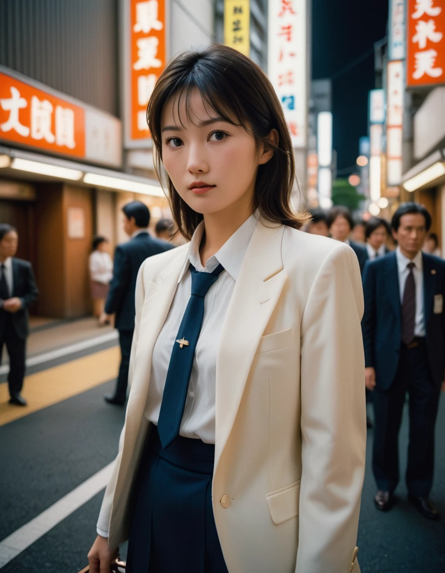 dynamic angle, (close up face), disposable camera photo, In 1980s Tokyo, Japanese office lady walks through a city lined with buildings. Her suit reflects the fashion of the time, characterized by shoulder pads. She carries a large briefcase in her hand, and her high heels echo at her feet. Neon signs shine around her, giving off a retro atmosphere. Her figure symbolizes the vitality and energy of Tokyo in the 1980s.