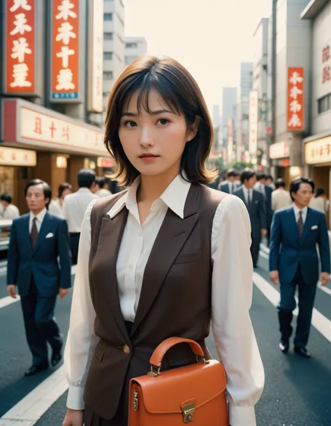 dynamic angle, (close up face), disposable camera photo, in 1980s tokyo, japanese office lady walks through a city lined with bu...