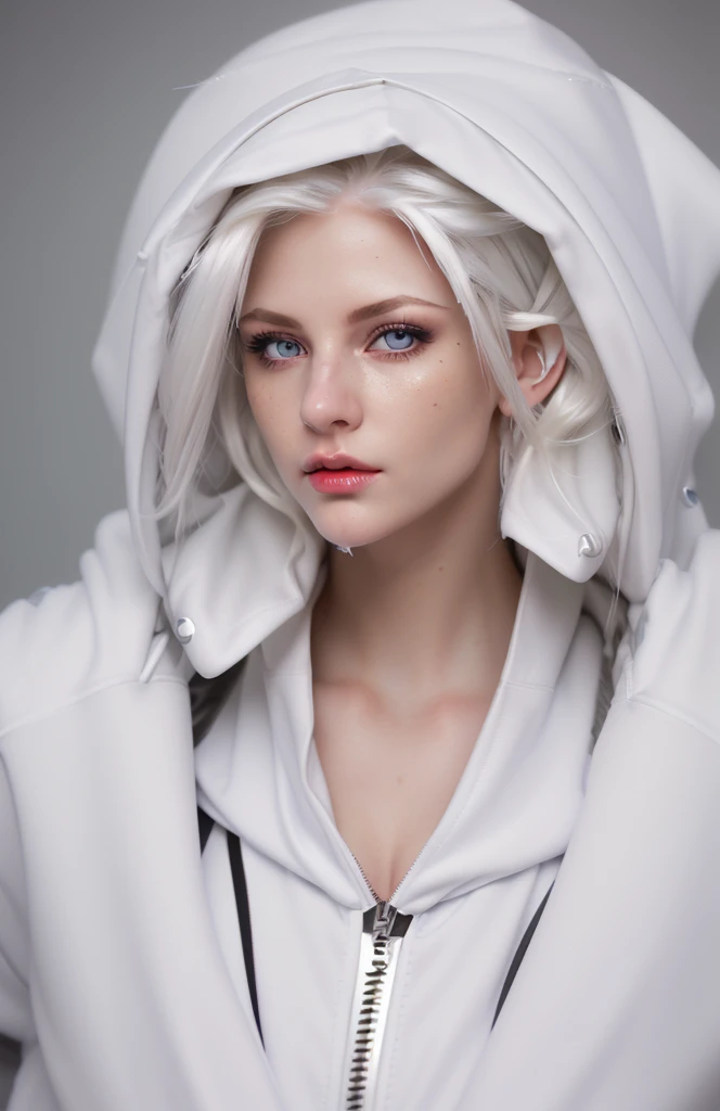 elf girl in hood, with platinum hair, down jacket with hood, hot lips, hot model, (Beautiful face: 1.33), (Perfect eyes:1.33), golden eyes), Best quality, eyes with rings, ((Platinum Medium Hair, combed to one side, Extremely Detailed)),  20 years, portret, sweat, cute face, hot model, hot lips