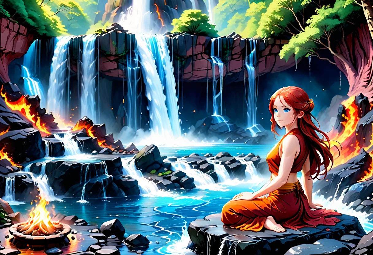 a picture of a (female monk: 1.2) sitting and meditating near a waterfall, at the base of the waterfall,  there is a human woman monk wearing monk garbs, meditating near a bonfire near an (epic sized waterfall: 1.3), red hair, long hair, full body (best details, Masterpiece, best quality :1.5), ultra detailed face (best details, Masterpiece, best quality :1.5), ultra feminine (best details, Masterpiece, best quality :1.5), exquisite beautiful (best details, Masterpiece, best quality :1.5) red hair, long hair, wavy hair, pale skin, blue eyes, intense eyes, water coming down from a volcanic cliff, multi level water falls, several pools created in different levels, forming new waterfalls, water cascading into a (large lava pool: 1.3) steam rising, clear water in many hues of blue and azure, fantasy art, photorealistic, D&D art, ultra best realistic, best details, best quality, 16k, [ultra detailed], masterpiece, best quality, (extremely detailed), ultra wide shot, photorealism, depth of field, hyper realistic painting, faize, perfecteyes, drkfntasy