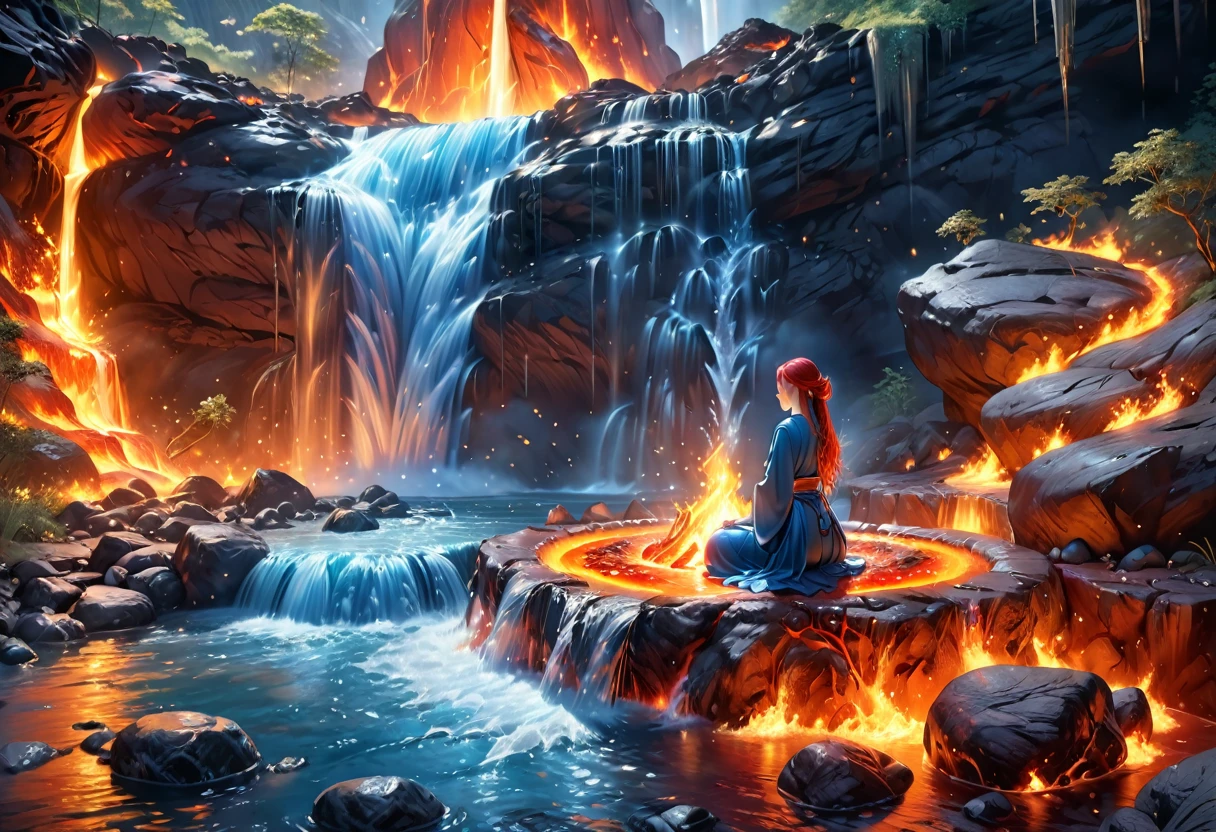 a picture of a (female monk: 1.2) sitting and meditating near a waterfall, at the base of the waterfall,  there is a human woman monk wearing monk garbs, meditating near a bonfire near an (epic sized waterfall: 1.3), red hair, long hair, full body (best details, Masterpiece, best quality :1.5), ultra detailed face (best details, Masterpiece, best quality :1.5), ultra feminine (best details, Masterpiece, best quality :1.5), exquisite beautiful (best details, Masterpiece, best quality :1.5) red hair, long hair, wavy hair, pale skin, blue eyes, intense eyes, water coming down from a volcanic cliff, multi level water falls, several pools created in different levels, forming new waterfalls, water cascading into a (large lava pool: 1.3) steam rising, clear water in many hues of blue and azure, fantasy art, photorealistic, D&D art, ultra best realistic, best details, best quality, 16k, [ultra detailed], masterpiece, best quality, (extremely detailed), ultra wide shot, photorealism, depth of field, hyper realistic painting, faize, perfecteyes, drkfntasy