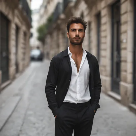 beau,masculin,israélien,homme dans les rue de paris en style décontracté pantalon noir et chemise blanche légèrement ouverte