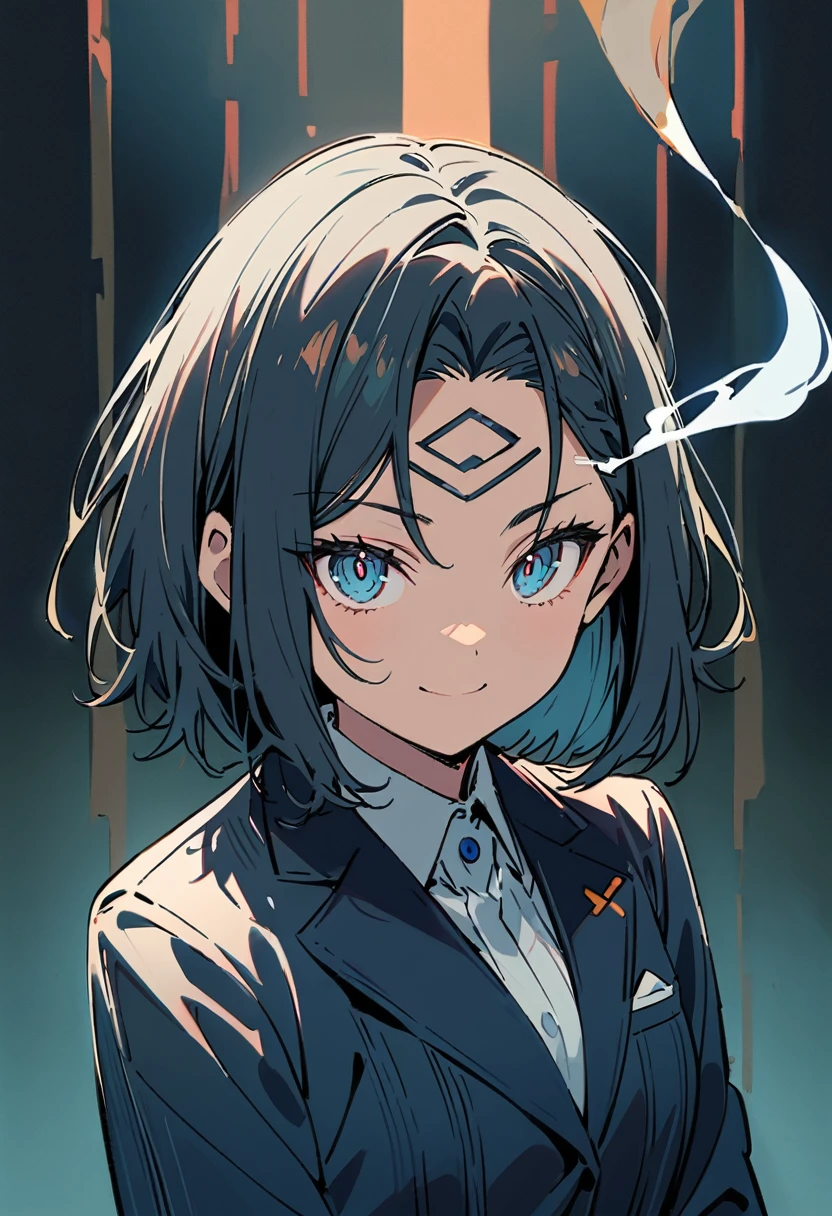 a woman in a suit, looking at viewer with sharp eyes, she is smoking, beautiful, Smiles, blue eyes and short, black hair, hair bangs on the forehead, front view