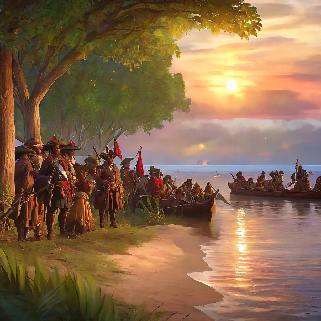 Australia in 1788 during the first colonization meeting, with indigenous Australians interacting with British settlers. Capture the scene with maximum quality and realistic style, highlighting coastlines and bays in a highly detailed landscape. Lighting should be soft and natural, reflecting the dawn sun on the water. Use 4K resolution to ensure sharpness, with a beautiful bokeh effect that subtly blurs the background to focus attention on the characters and details in the foreground. Add detailed textures to vegetation and water, as well as authentic facial expressions and clothing for both groups, creating an immersive and authentic atmosphere of this historical moment.