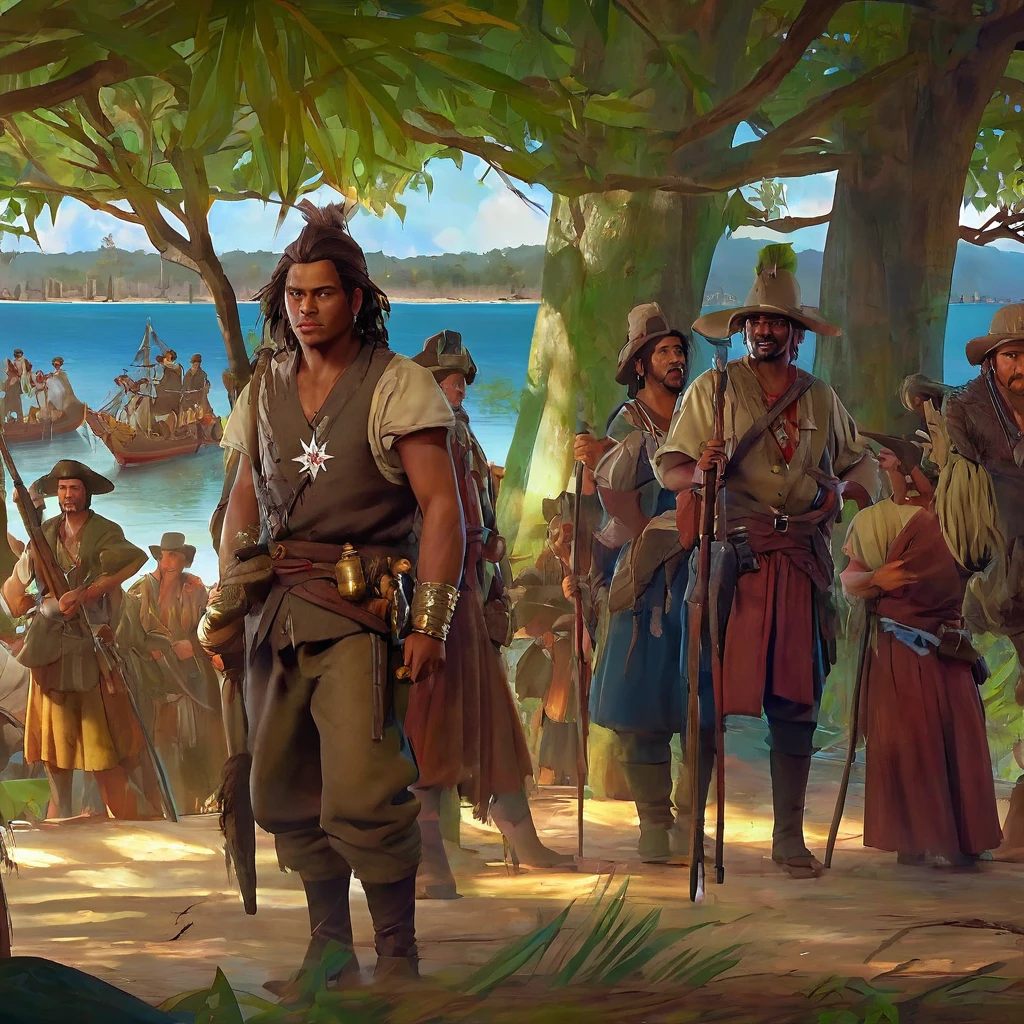 Australia in 1788 during the first colonization meeting, with indigenous Australians interacting with British settlers. Capture the scene with maximum quality and realistic style, highlighting coastlines and bays in a highly detailed landscape. Lighting should be soft and natural, reflecting the dawn sun on the water. Use 4K resolution to ensure sharpness, with a beautiful bokeh effect that subtly blurs the background to focus attention on the characters and details in the foreground. Add detailed textures to vegetation and water, as well as authentic facial expressions and clothing for both groups, creating an immersive and authentic atmosphere of this historical moment.