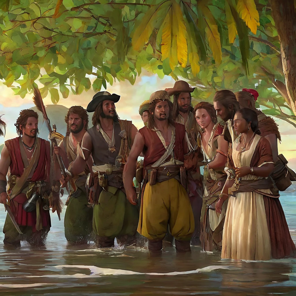 Australia in 1788 during the first colonization meeting, with indigenous Australians interacting with British settlers. Capture the scene with maximum quality and realistic style, highlighting coastlines and bays in a highly detailed landscape. Lighting should be soft and natural, reflecting the dawn sun on the water. Use 4K resolution to ensure sharpness, with a beautiful bokeh effect that subtly blurs the background to focus attention on the characters and details in the foreground. Add detailed textures to vegetation and water, as well as authentic facial expressions and clothing for both groups, creating an immersive and authentic atmosphere of this historical moment.