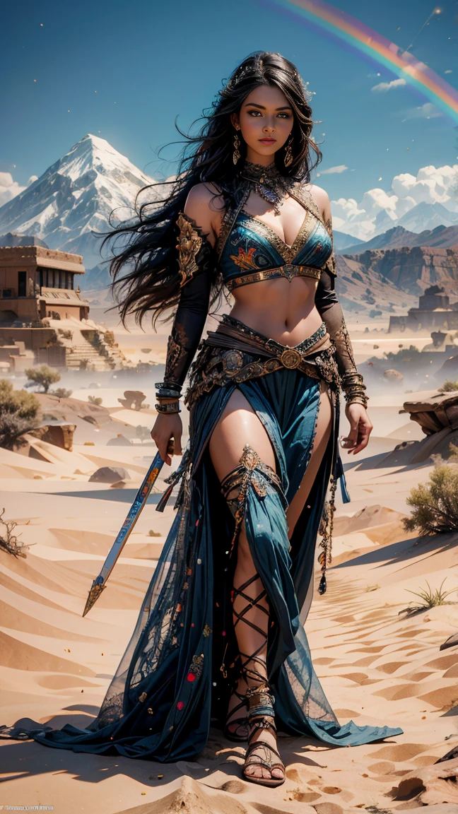 create Mariana Davalos in Full body photography of the most beautiful artwork in the world, a beautiful woman in intricate costume burning in the desert, rainbow colors, ArtStation, CGSociety, complex, high detail, clear focus, dramatic, realistic pictorial art trends Greg Rutkovsky