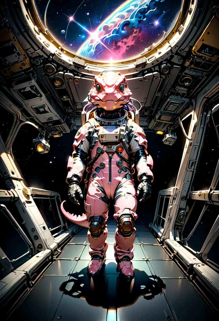 (Pink Dinosaur), the image mainly depicts a pink little dinosaur wearing a space suit, stepping on a small rocket, and curiously...