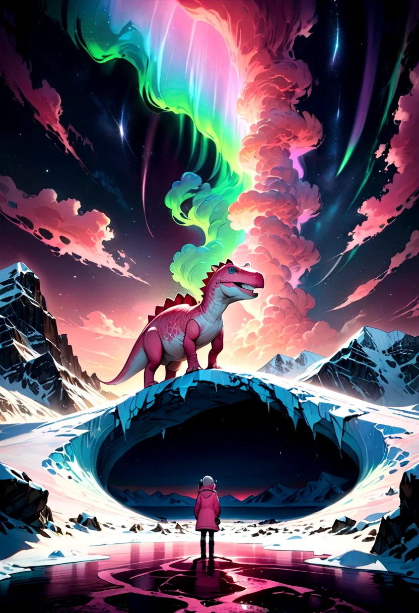 (Pink Dinosaur), the image mainly depicts a plush pink dinosaur standing on a polar glacier, with the dazzling Northern Lights b...