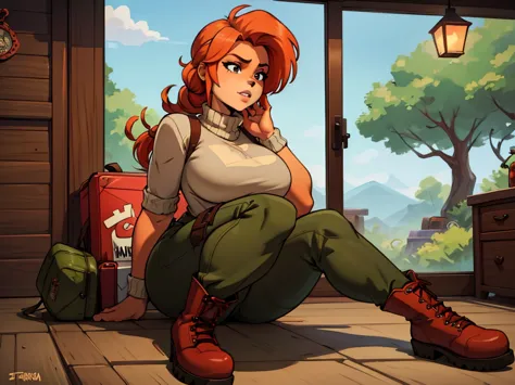 A red-haired girl with braided hair wearing a 
cozy sweater, camouflage  pants, and army combat boots, relaxing seduce face The ...
