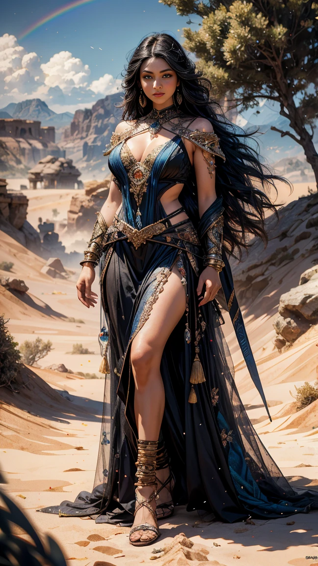 create Mariana Davalos in Full body photography of the most beautiful artwork in the world, a beautiful woman in intricate costume burning in the desert, rainbow colors, ArtStation, CGSociety, complex, high detail, clear focus, dramatic, realistic pictorial art trends Greg Rutkovsky