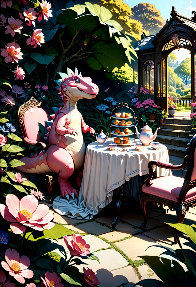 (Pink Dinosaur), the scene mainly depicts a pink dinosaur elegantly enjoying afternoon tea time in an English garden. In front of it is a small porcelain tea set, with carefully arranged pastries next to it. The background is an English garden, (Photography), panoramic view, award-winning, cinematic still, emotional, vignette, dynamic, vivid, (masterpiece, best quality, Professional, perfect composition, very aesthetic, absurdres, ultra-detailed, intricate details:1.3)